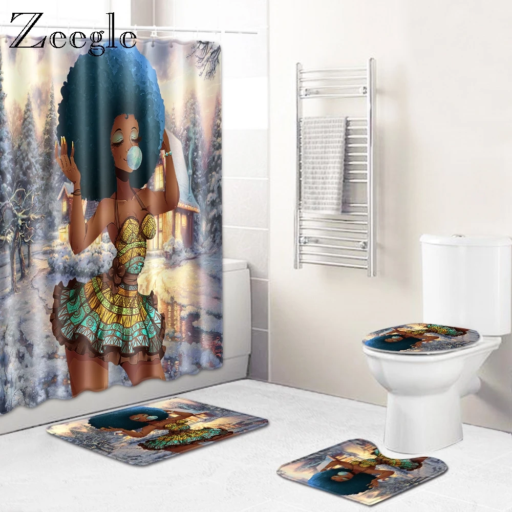 Zeegle Christmas Halloween Bathroom Mat Set Home Decoration Mat Dustproof Foot Soft Rug Bath Shower Curtain Toilet Cover Mat