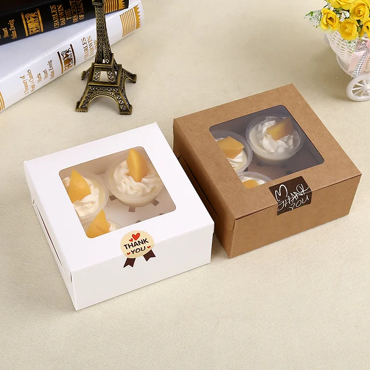 

Kraft Card Paper 4 Cupcake Box Muffin Cake Boxes Dessert Pastry Box with Transparent Window