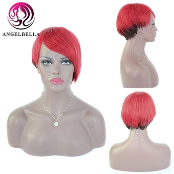 

Angelbella Brazilian Remy Hair Short Straight Wig 130% Density 1b-Red# Human Hair Full Machine Made Women Wigs For Summer Wear