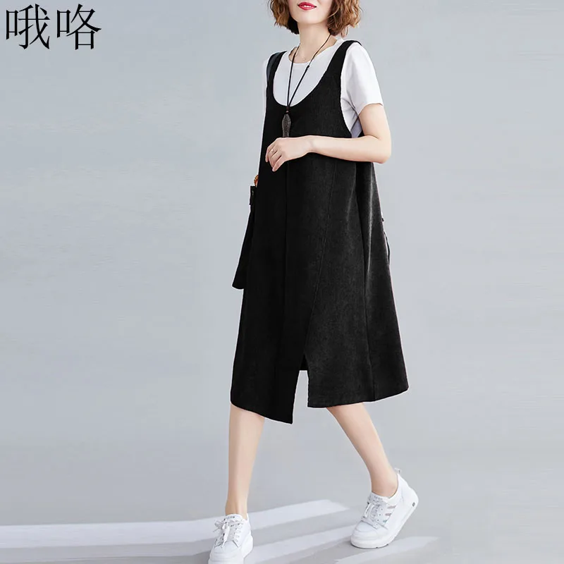 

Plus Size Women Vintage Sleeveless Strap Dress 2020 Summer Retro Corduroy Midi Suspender Dress Sarafan Loose Vest Overall Dress