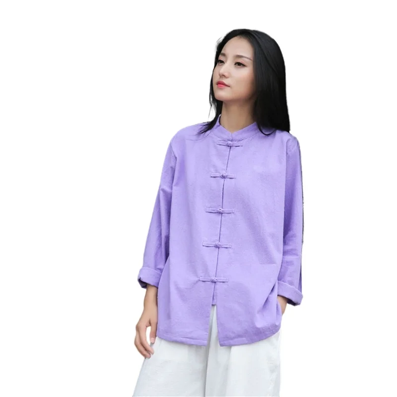 Women Long sleeve Shirt Autumn Chinese style Shirt Blouse Cotton Linen Vintage Qigong Tai Chi clothes V1997