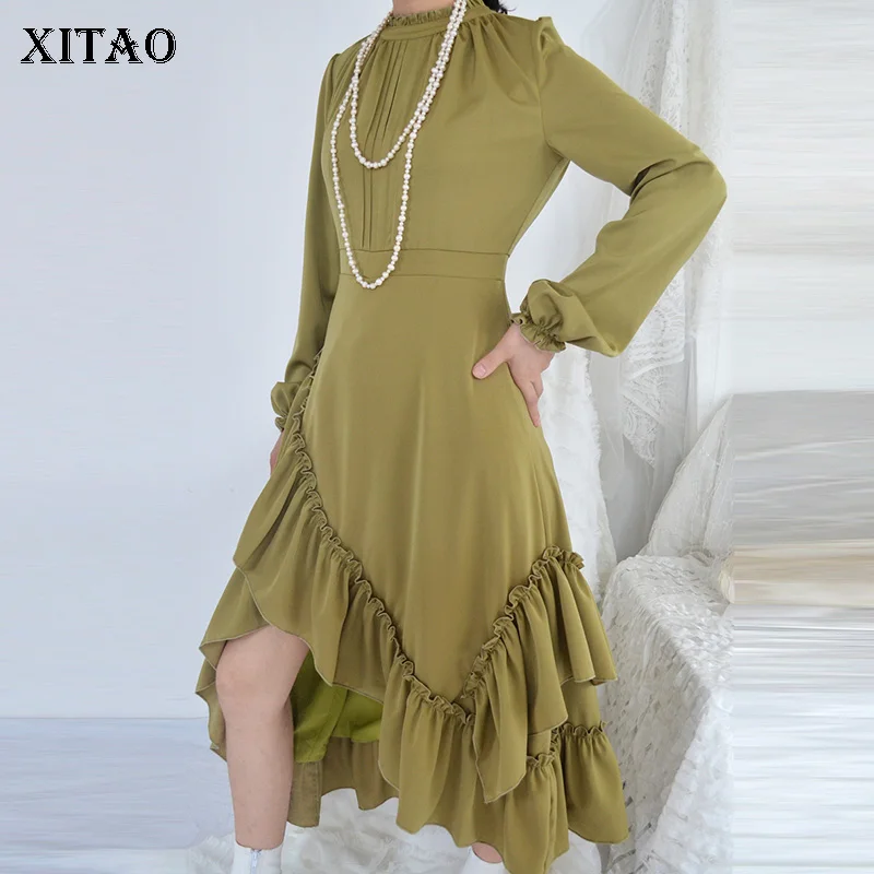 XITAO Pleated Irregular Dress Women Fashion New Autumn High Waist Cascading Ruffle Full Sleeve Minority Dress DMY1175