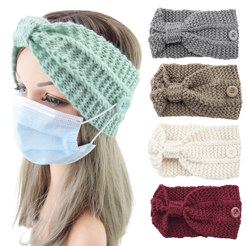 

Elastic Hair Bands Hair Accessories Soft Turban Headwrap Women Headbands with Buttons Winter Wool Knit Warm Headband Solid Color