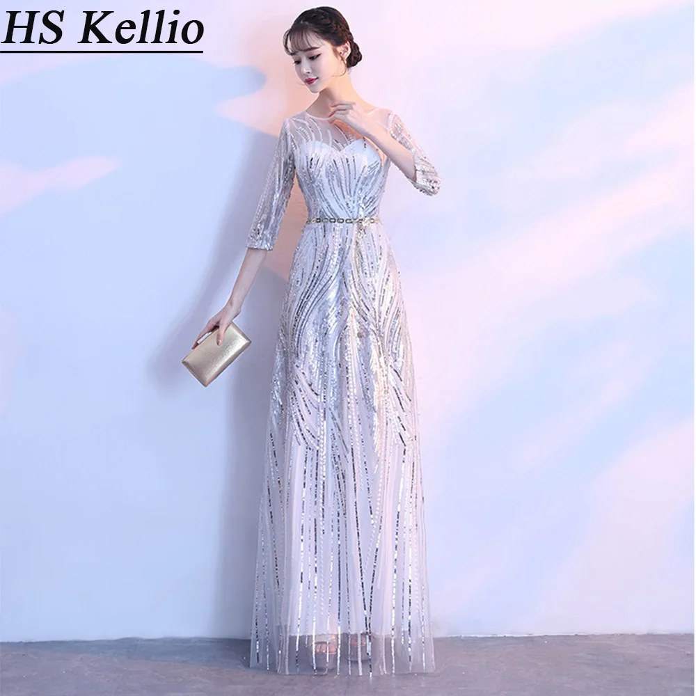 

Silver Mother Of the Bride Dresses Aline Sequined Lace Long Bridesmaid Party Gowns 2020 Quarter Sleeves