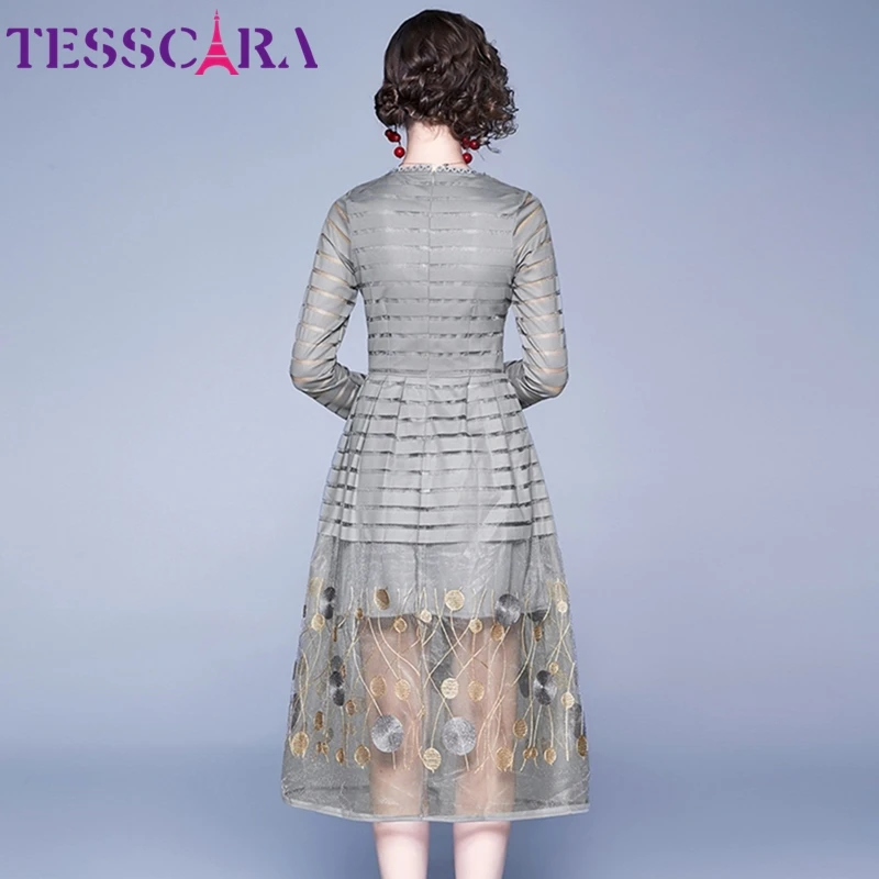 Женское Сетчатое платье с вышивкой TESSCARA элегантное дизайнерское офисное