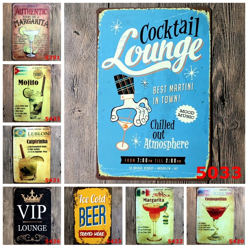 

Cocktail Lounge Cuban Margarita Retro Metal Tin Signs Mojito Caipirinha Sticker Margarita Cosmopolitan Brand Beer Iron Poster