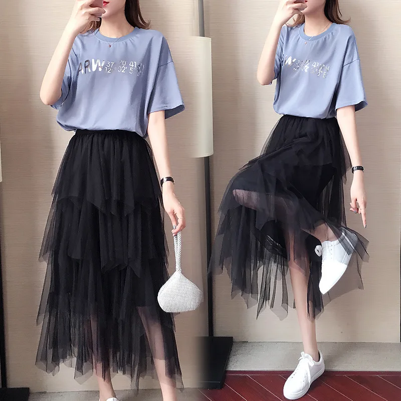 

2019 Summer Wear New Style Korean-style Large Size Dress Fat Mm Crew Neck Lettered Tops Four Layer Mesh Skirt Two-Piece Women's
