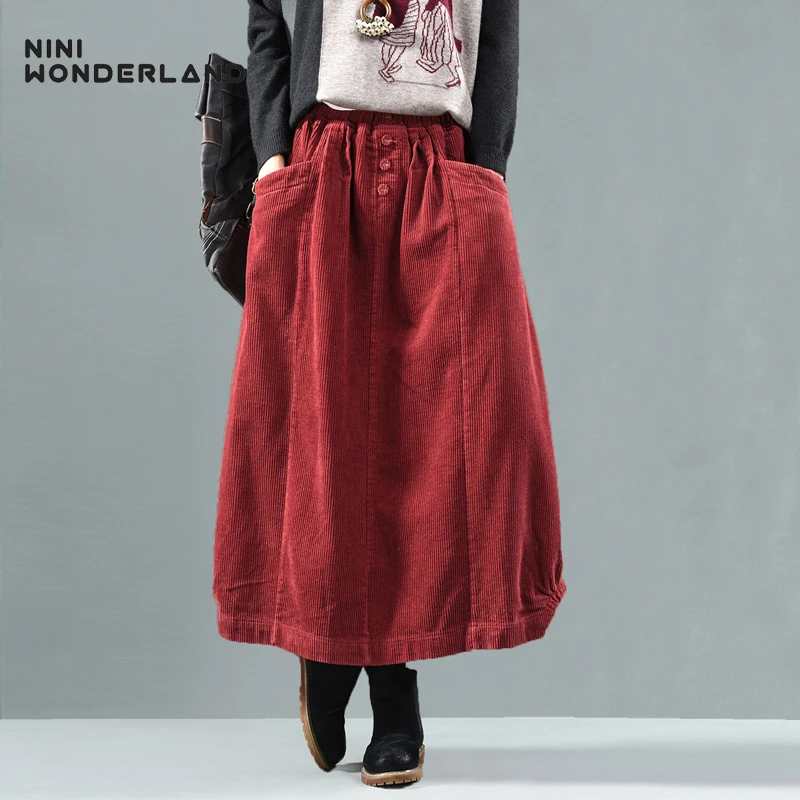 NINI WONDERLAND осенне зимняя Вельветовая юбка женская винтажная миди длинная юбка женская трапециевидная плиссированная юбка с эластичной резинкой на талии большой размер|Юбки|   | АлиЭкспресс