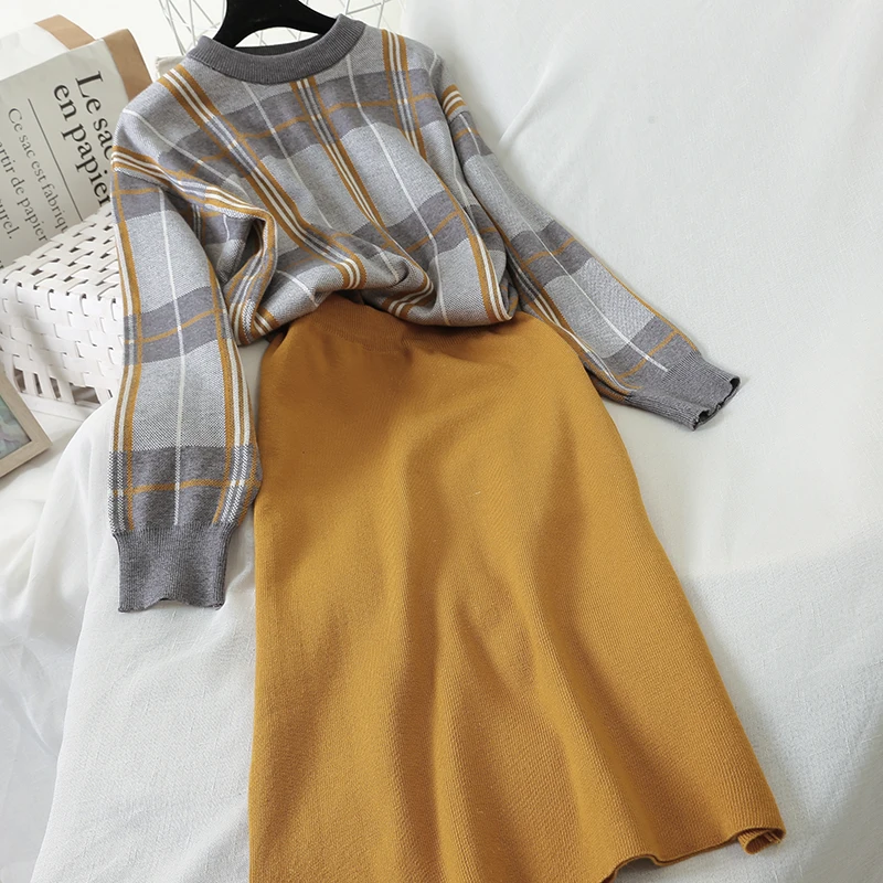 Neploe Chic Conjuntos Mujer, вязаный свитер в клетку с круглым вырезом+ Однотонная юбка с высокой талией, вязаный комплект из 2 предметов для женщин, Осень-зима 47920