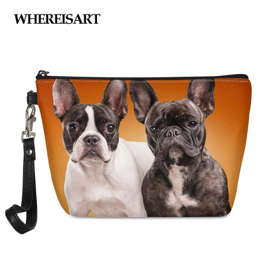 

WHEREISART Printing French Bulldog Make Up Bags for Women Cute Female Ladies Cosmetic Case Small Leather Make Up Pouch