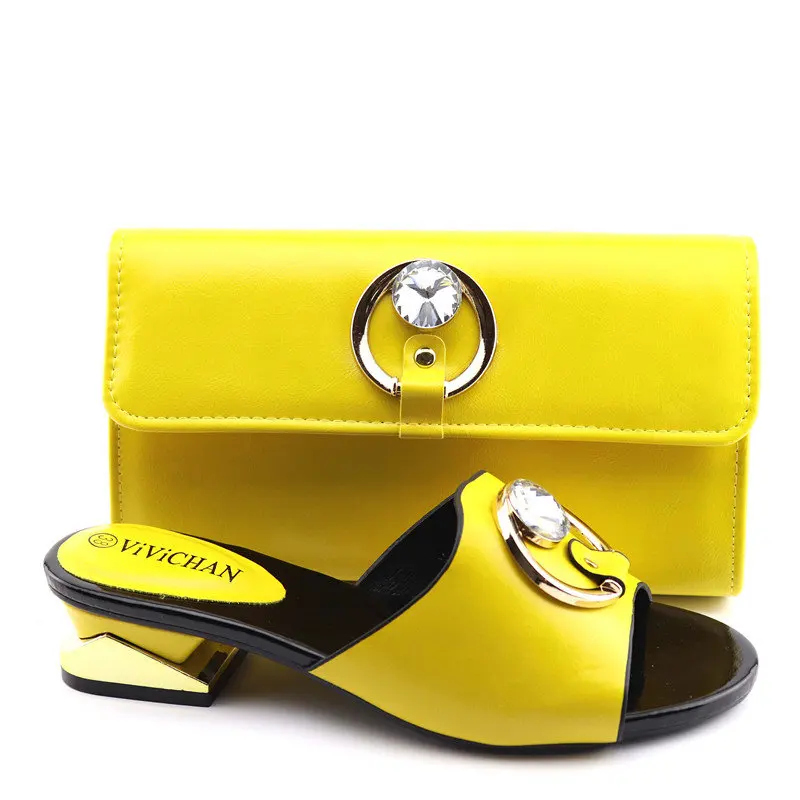 

1.5 inches slippers shoes and matching bag in yellow color fashion shoes matching bag for african aso ebi party SB8415-3