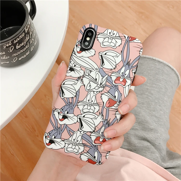 

Korea Cute Cartoon Rabbit Phone Case for Iphone X Xs Max 6s 7 8plus Pink Soft Tpu Full Protective Case Back Cover Funny