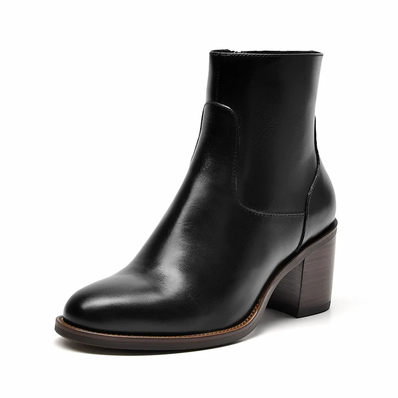 BeauToday/женские ботинки на высоком каблуке из натуральной коровьей кожи; Вощеные ботильоны с круглым носком на молнии; сезон осень-зима; женская обувь ручной работы; 03374 - Цвет: Black