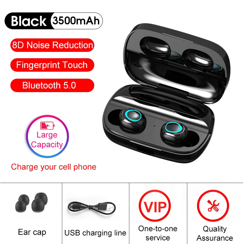 Беспроводные наушники, TWS, Bluetooth 5,0, спортивные наушники, светодиодный дисплей, 3500 мА/ч, источник питания, с функцией распознавания отпечатков пальцев, сенсорное шумоподавление - Цвет: S11-black