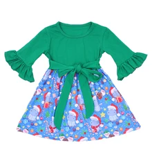 Новинка; модное рождественское платье для маленьких девочек; осенне-зимняя одежда; зеленое плиссированное платье со снеговиком и синим галстуком