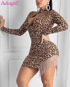 

Adogirl 2020 Spring Leopard Print Crystal Tassel Mini Dress Keyhole Mock Neck Long Sleeve Bodycon Night Club Party Dress Vestido