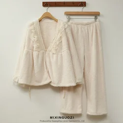 Korean Version Sweet Style Pajamas Women's Pure Cotton Han Clothes Cardigan Lace Nightgown Type Two-piece Home Clothes Fashion