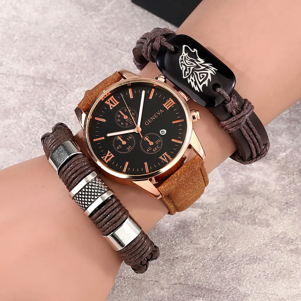 Practical Birthday Gifts for Boys Men's Leather Quartz Watch Roman Numeral Dial with Calendar Man Brown Wolf Head Bracelets Set