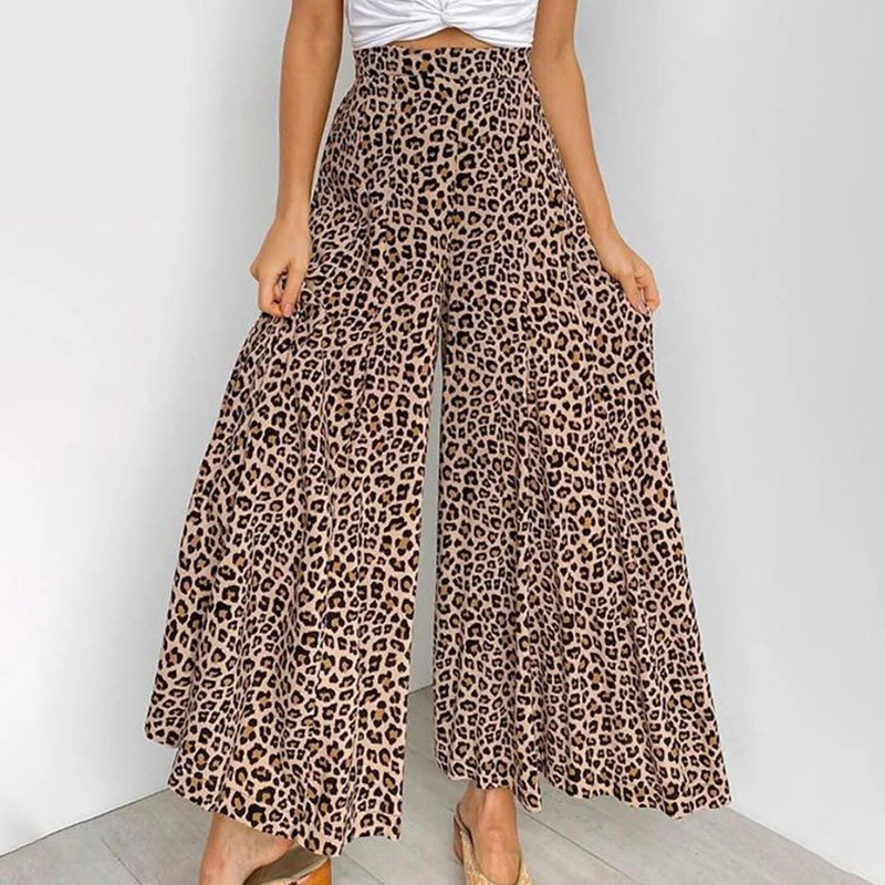 

Leopard Print Casual Loose Pants Women 2021 Fashion Wide Leg Trousers Summer Elastic High Waist Pantalon Daily Commute Wear