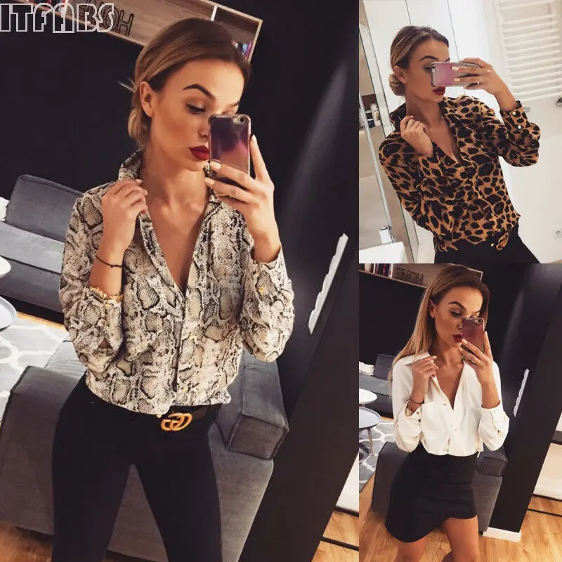

Sexy Womens Leopard T-shirt Long Sleeve Tops 2019 New Autumn Deep V-Neck Leopard Print Ladies Shirts S-XL