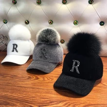 Autumn Winter Warm Baseball Cap Women Rhinestone Letter Pompom Hip Hop Caps Ladies Girls Fur Ball Casual Sun Hats