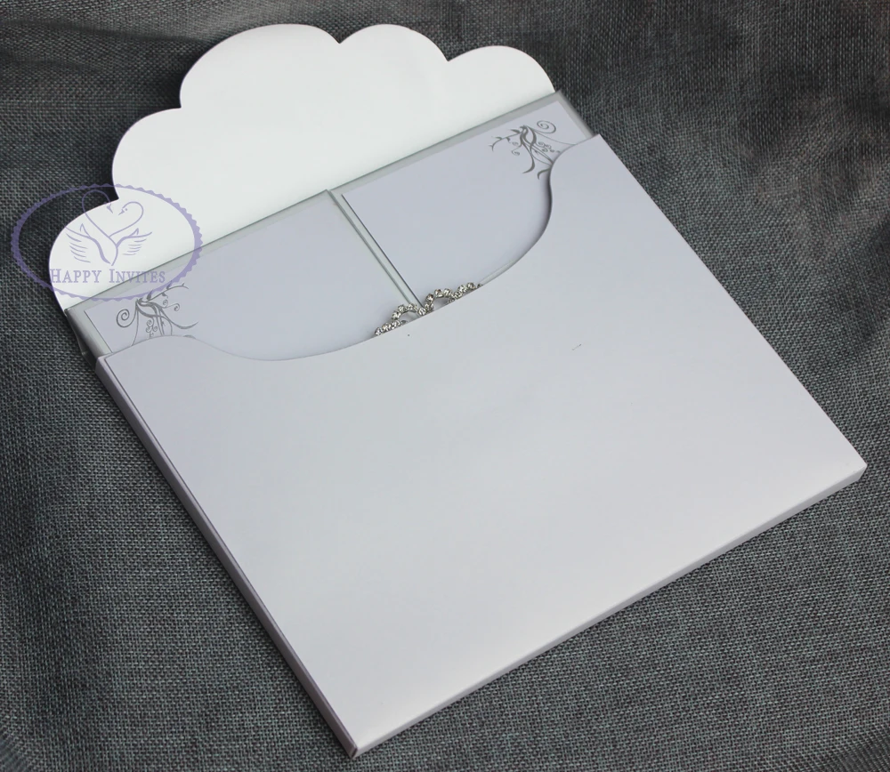 HI1109 - 10 Elegant White Hard Cover Wedding Invitation Card with Personal Silver Foiling Printing Made in China