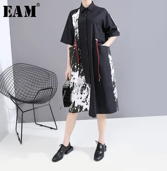 

[EAM] Women Blakc Pattern Printed Big Size Shirt Dress New Lapel Short Sleeve Loose Fit Fashion Tide Spring Summer 2020 1T646
