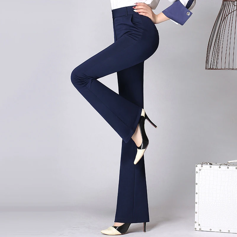 Navy Blue Расклешенные Брюки женские осенние с высокой талией эластичные тонкие яркие цвета 26~ 35 облегающие длинные женские брюки рабочая одежда - Цвет: Navy Blue