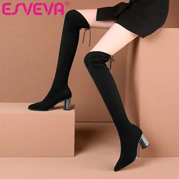 

ESVEVA 2021 Western Zipper Square High Heel Flock+PU Over The Knee Boots Platform Pointed Toe Women Boots Shoes Size 34-42