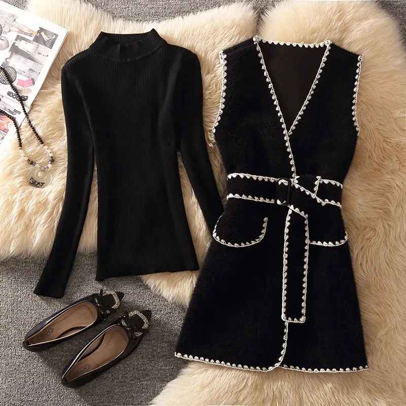 Gilet Coreano Con Cintura Di Media Lunghezza Gilet Donna Primavera Fashion Design Gilet + Mezzo Dolcevita Maglione Chic Gilet Completo 2 Pezzi