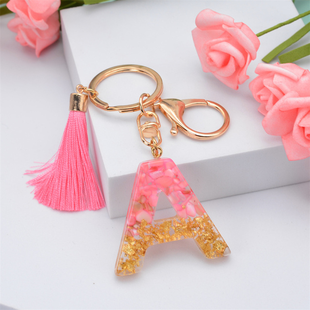 Creative Letter Alphabet Crystal Arylic Liquid Keychain Women Key Chains Ring Car Bag Tassels Pendent Charm Gift Accessory