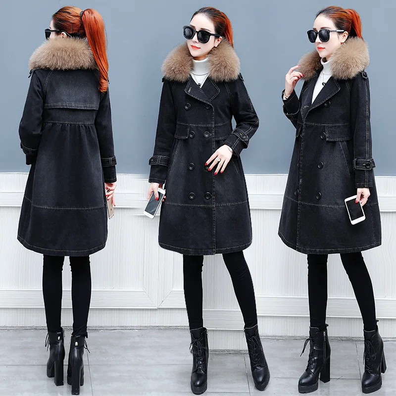 

Autumn And Winter 2018 Winter New Style Mid-length Loose Thick Warm Fur Collar Cowboy Cotton Overcoat Fashion WOMEN'S Dress