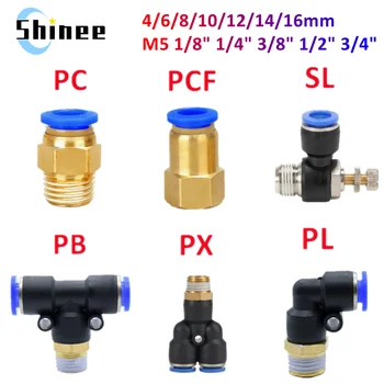 Pneumatic Air Connector Fitting PC/PCF/SL/PB/PX/PL 10mm 12mm 14mm 16 Thread M5 3/4"  1 2 way Hose Fittings Pipe Quick Connectors