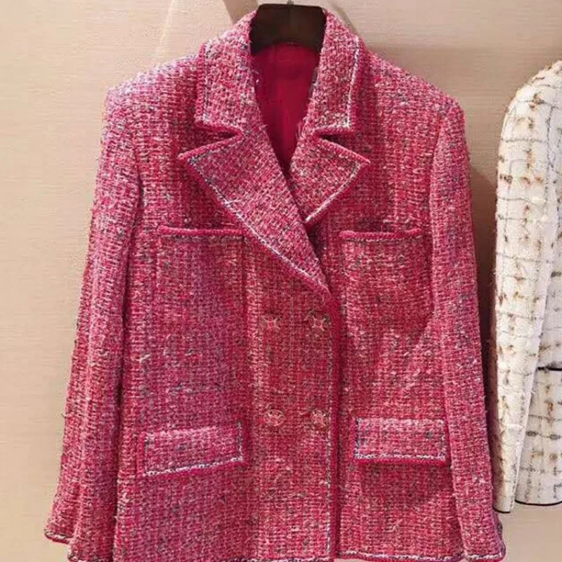 rose red Осеннее Короткое женское пальто розового цвета брендовый элегантный двубортный твидовый жакет женская уличная одежда свободного кроя офисная верхняя одежда S-L - Цвет: rose red