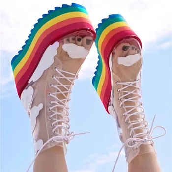 

New transparent breathable PVC women's lace-up cake show Rainbow bottom thick bottom casual women's boots