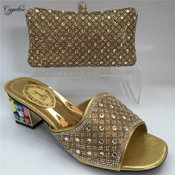 

Excellent African slippers shoes and handbag set with rhinestones for lady GY14 in gold,Heel Height 6CM