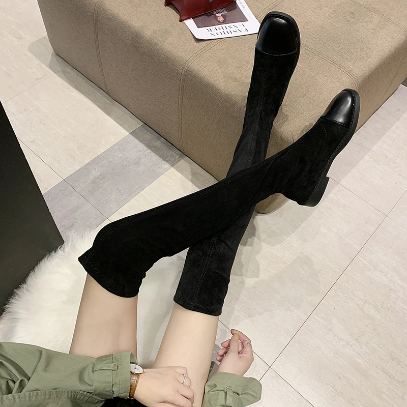 Nice Pop Soft Women Knee High Boots Autumn Round Toes Classic Black Shoes Woman Flat Heels Sexy Ladies Pretty Dress Boot