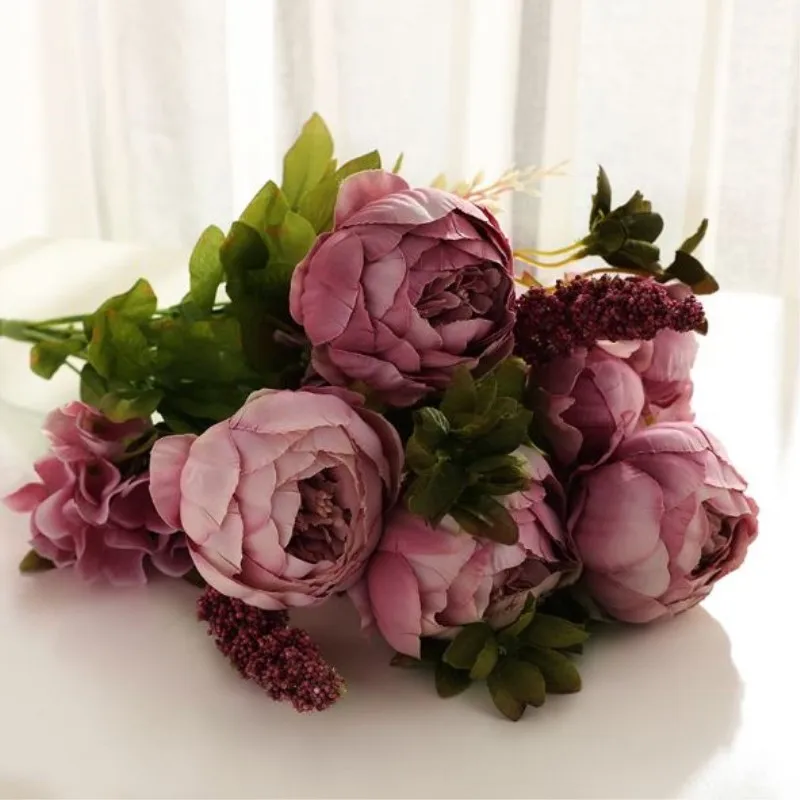 Искусственные цветы 13 головок ветви Свадебные винтажные Европейский Пион венок шелковые искусственные цветы украшения для домашнего осеннего фестиваля - Цвет: dousha