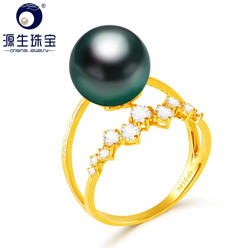 

[YS] 18k Solid Gold Pearl Wedding Ring 10-11mm Black Natural Cultured Tahitian & South Sea Pearl Ring