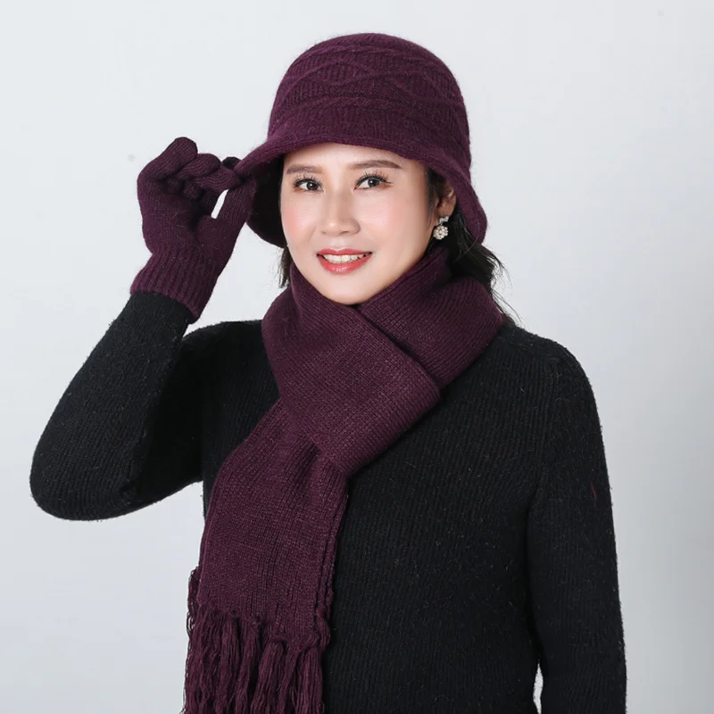 SUOGRY New Women's Knitted Hat Female Solid Color Scarf gloves And Hat Set Winter Rabbit Thick Fur Warm Beanies Ms. Middle Caps - Цвет: 3