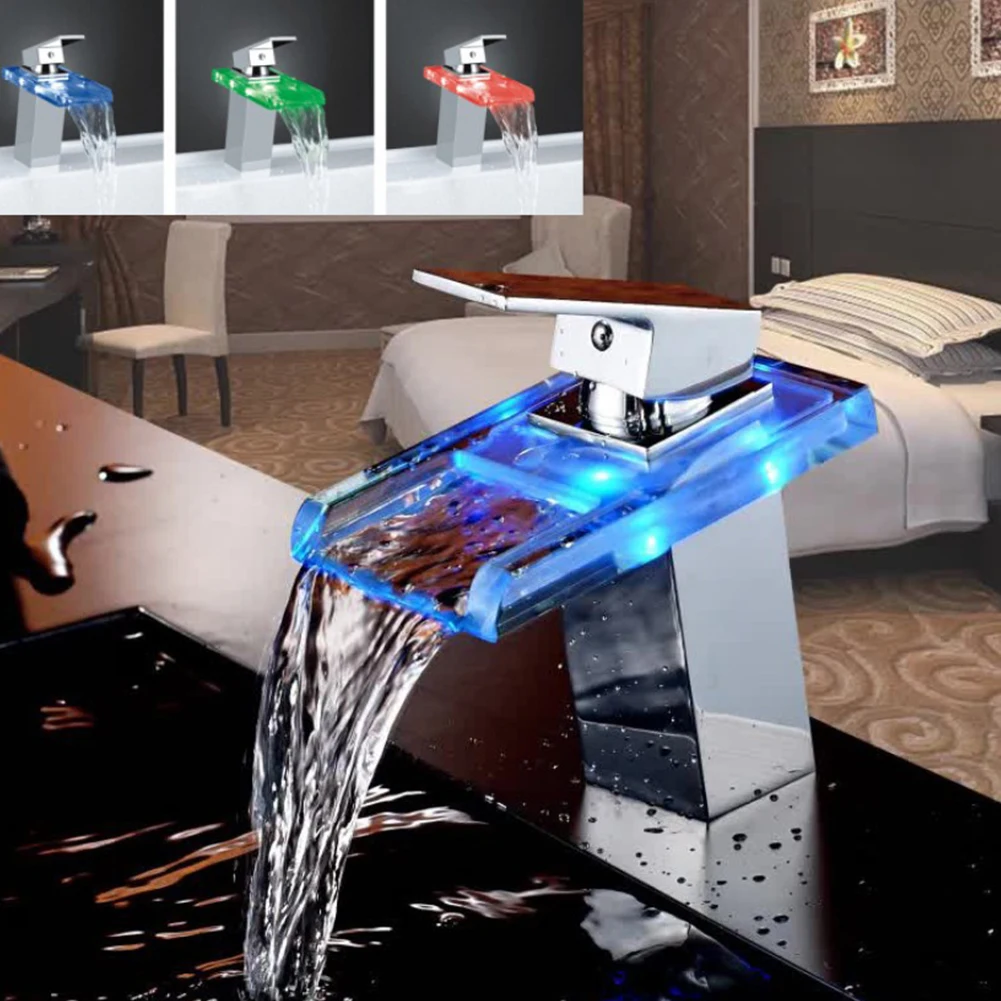 

LED Basin Faucet Brass Waterfall Temperature Colors Change Bathroom Mixer Tap Deck Mounted Wash Sink Glass Taps