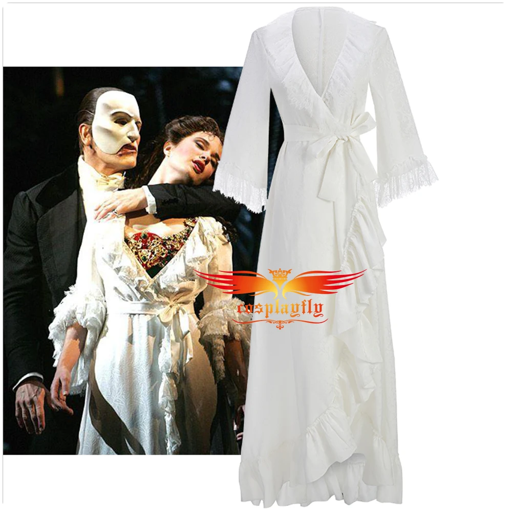 

Musical Rock The Phantom of the Opera Kristen Cosplay Costume Women White Gown Fancy Beach Ruffles Dress Night-Robe Halloween