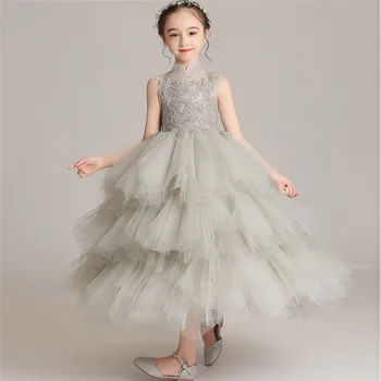 

Children Girls Elegant Standing-Collar Birthday Evening Party Princess Prom Long Dress Kids Host Pageants Ceremony Layers Dress