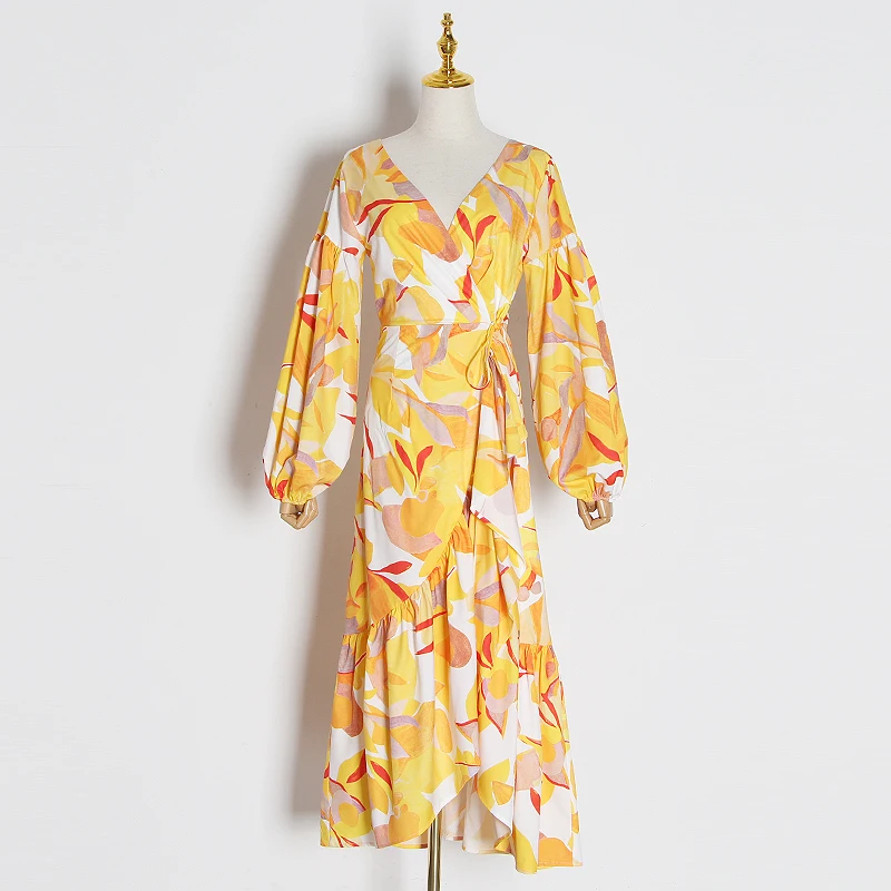 TWOTWINSTYLE Casual Print Dress Women V Neck Lantern Long Sleeve High Waist Ruffles Asymmetrical Dresse For Female Fashion Tide