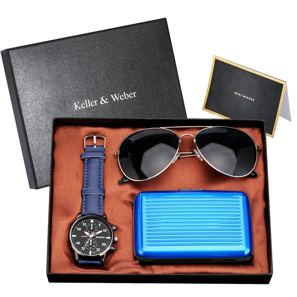 

New Fashion Men's Gift Set Quartz Watches Male Clock Cool Sunglasses High Quality Credit Card Case/wallet Man Top Gifts with Box