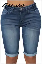 Genuo, новинка 2019, синие джинсовые шорты с пуговицами спереди, женская уличная одежда, повседневные эластичные шорты 2019, летние однотонные