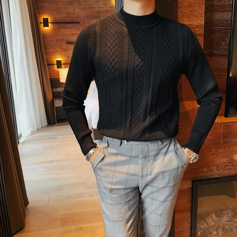 Bravepe Men Fall Winter Slim Knitted Solid Turtle Neck Pullover Sweater Jumper 