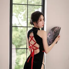 Модная женская сексуальная черная Пижама Cheongsam, женская красная бандажная открытая ночная рубашка, удобная облегающая ночная рубашка, один размер