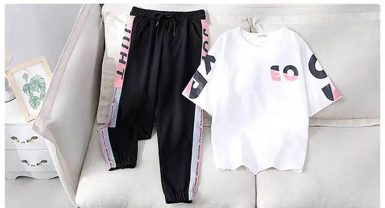 white two piece set 2020 Korean Fashion Women Clothes Tracksuit Two Piece Set Summer Casual Sportswear Ins Suit O-neck Printing T shirt+Harem Pants co ord sets women