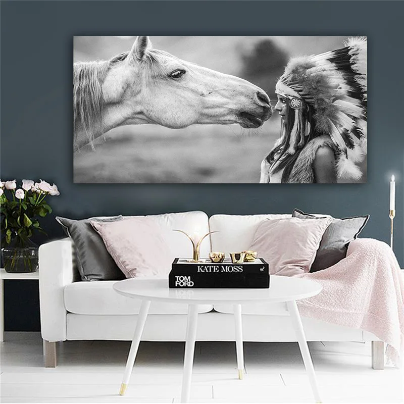

MUTU HD Print Black and White Native Indian with Horse Portrait Canvas Art Scandinavian Poster Wall Picture for Living Room